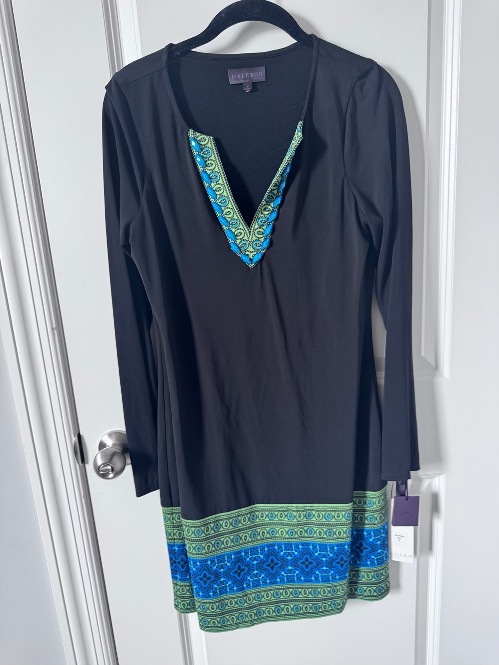 NWT-Hale Bob Black Long-Sleeve Dress with Blue-Green Trim-Small